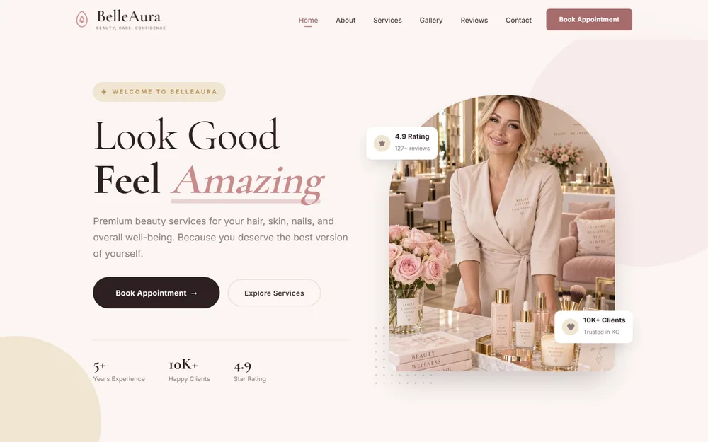 Home page of the BelleAura website, designed for a Kansas City beauty salon offering hair, skin, nails and spa treatments