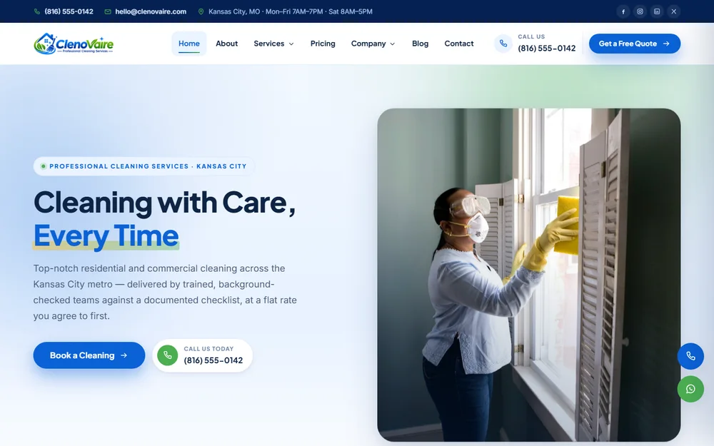 Home page of the ClenoVaire website, designed for a Kansas City residential and commercial cleaning company