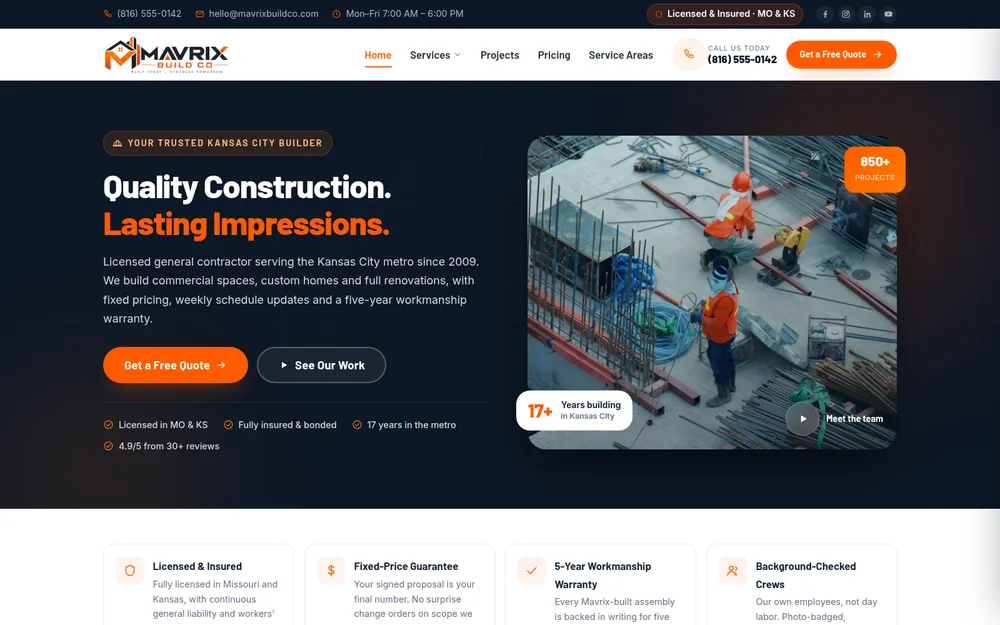 Home page of the Mavrix Build Co website, designed for a Kansas City general contractor