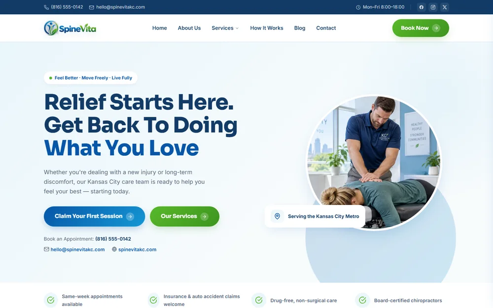 Home page of the SpineVita website, designed for a Kansas City chiropractic clinic